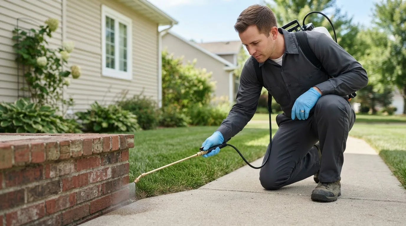 Pest control technician treating a home near Cee Vee, TX